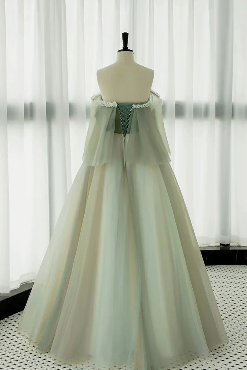 Light Green Strapless A-line Tulle Prom Dress,Unique Evening Dresses