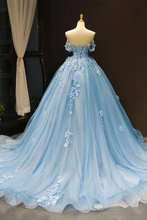 Light Sky Blue Off the Shoulder Ball Gown Tulle Prom Dress with Applique UQ2106