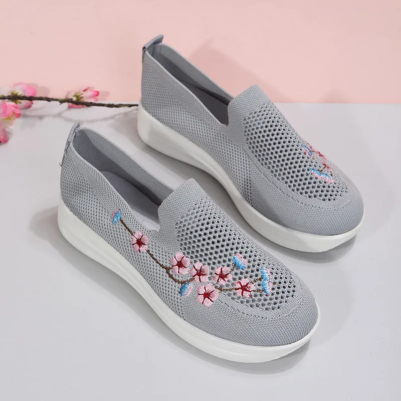 Loafers Women Flowers Embroidery Shoes Breathable Mesh Flats