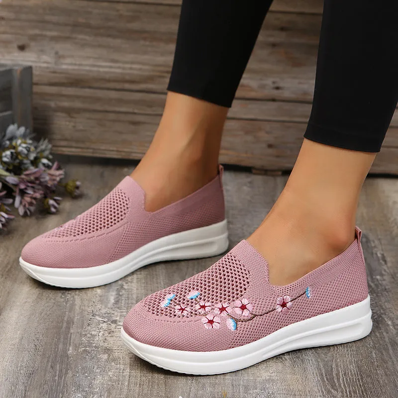 Loafers Women Flowers Embroidery Shoes Breathable Mesh Flats