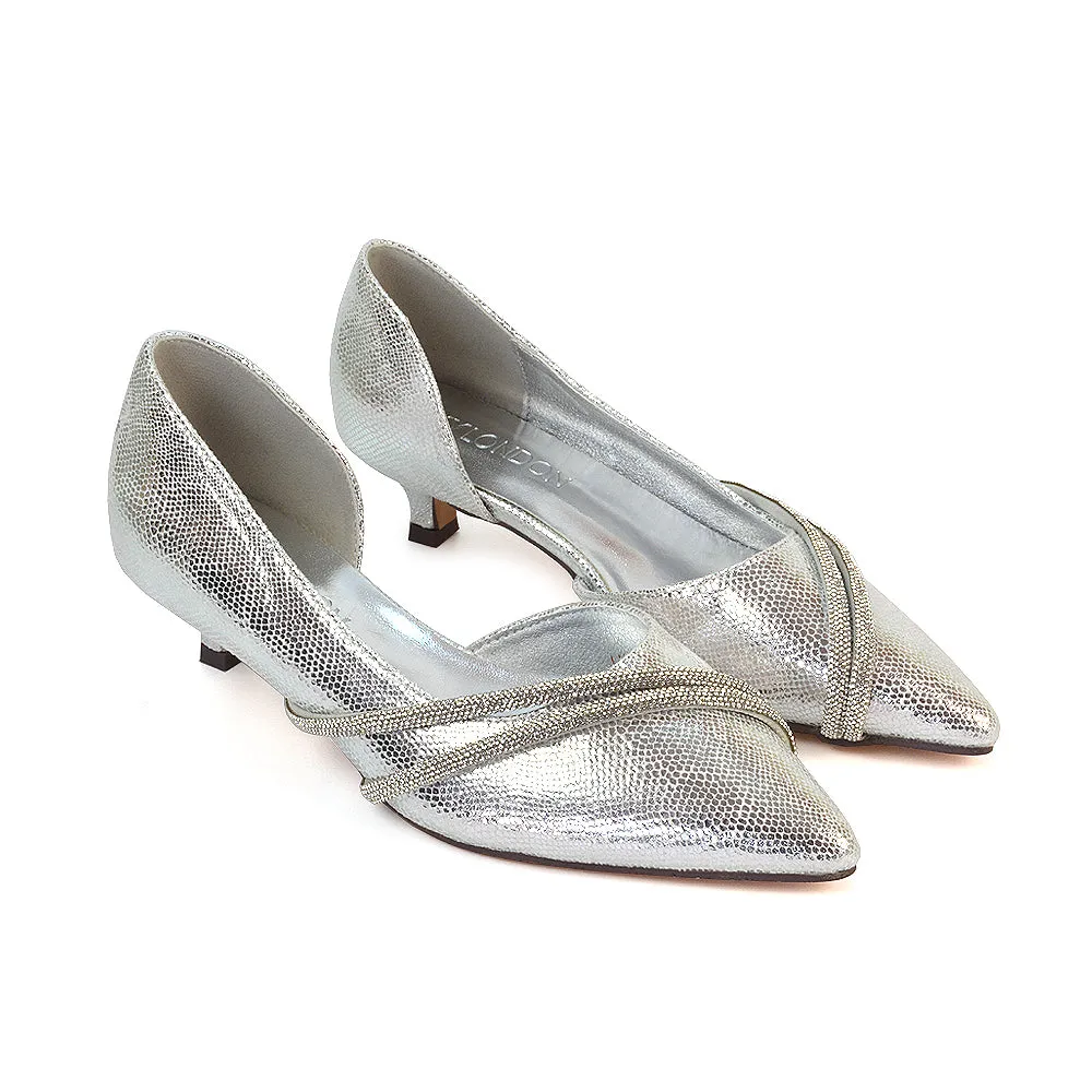 Lucie Low Kitten Heel Diamante Rhinestone Pointed Toe Court Heels in Silver