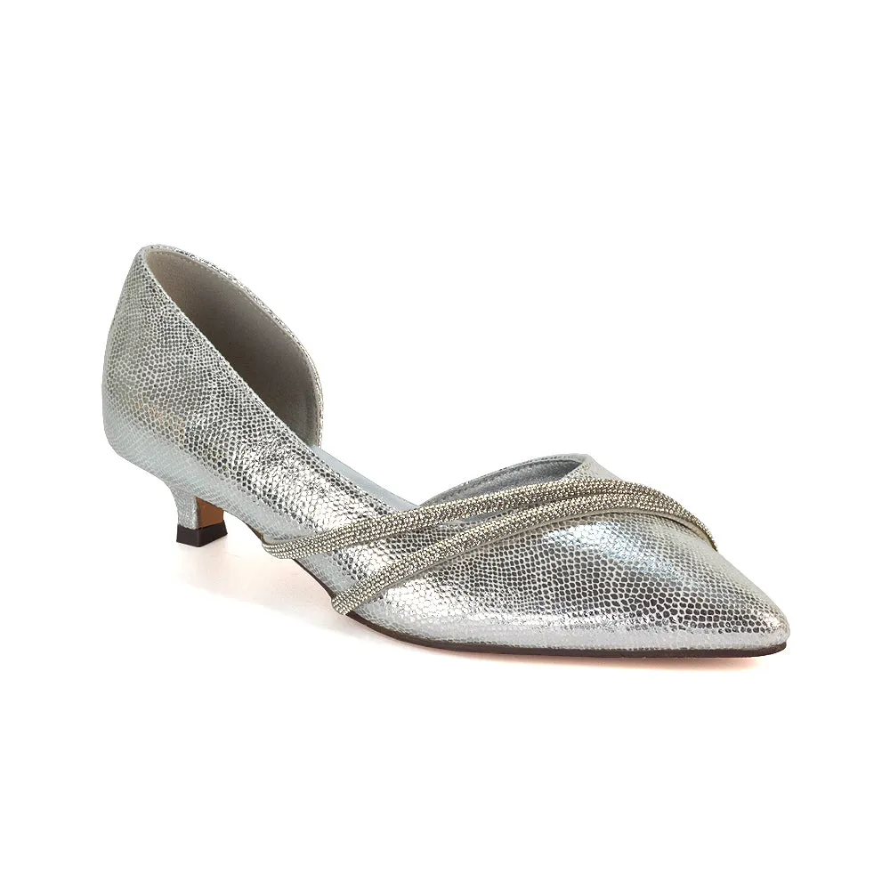 Lucie Low Kitten Heel Diamante Rhinestone Pointed Toe Court Heels in Silver