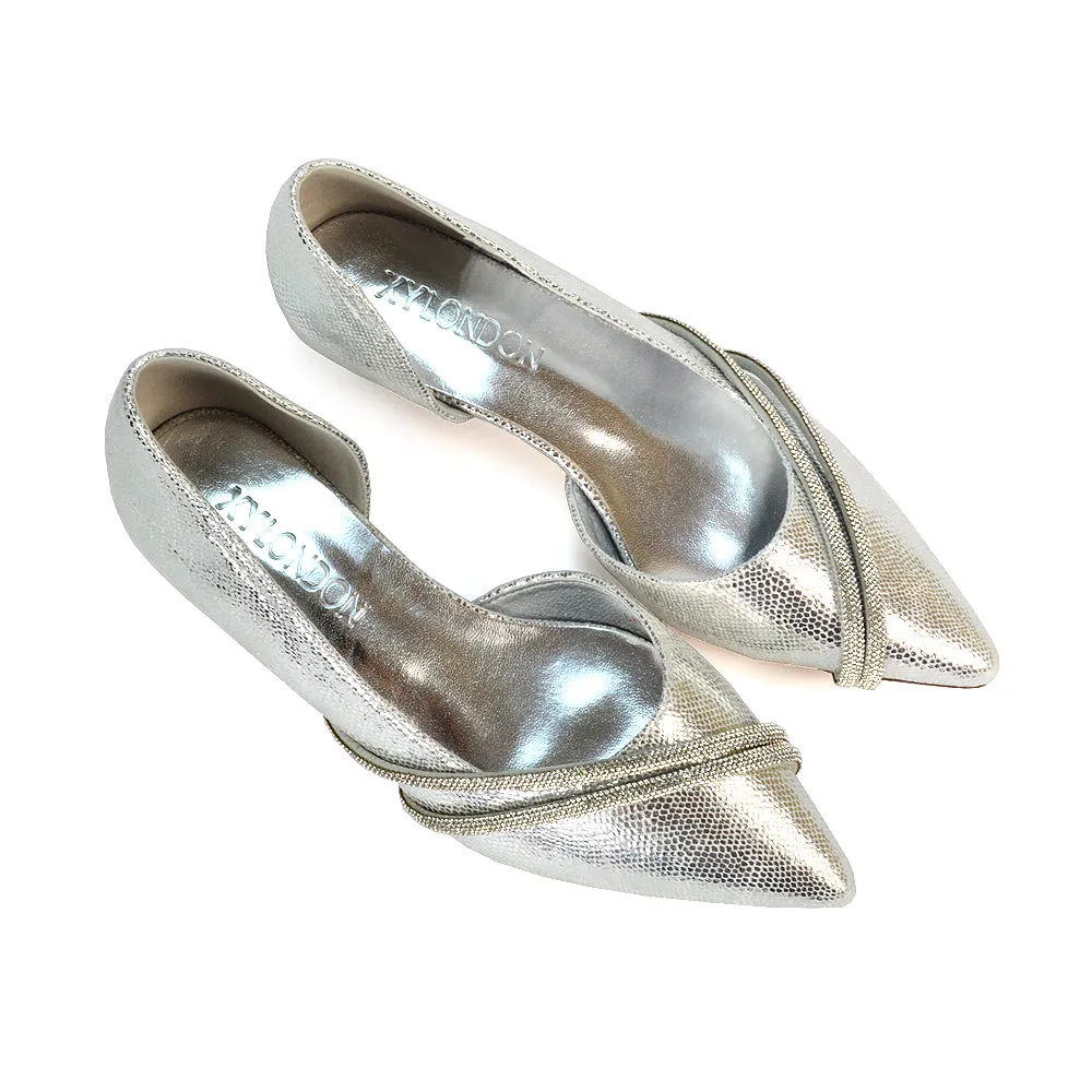 Lucie Low Kitten Heel Diamante Rhinestone Pointed Toe Court Heels in Silver