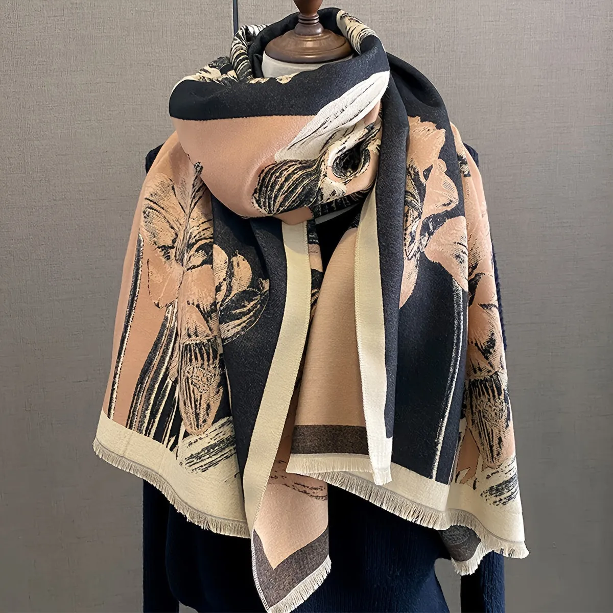 Luxurious Magnolia Print Color-Blocked Scarf Wrap - Soft, Thick, Windproof, Warm, Versatile, Classic Fringe Shawl for Women - Perfect for Outdoor Activities, Daily Wear, and Gift-Giving