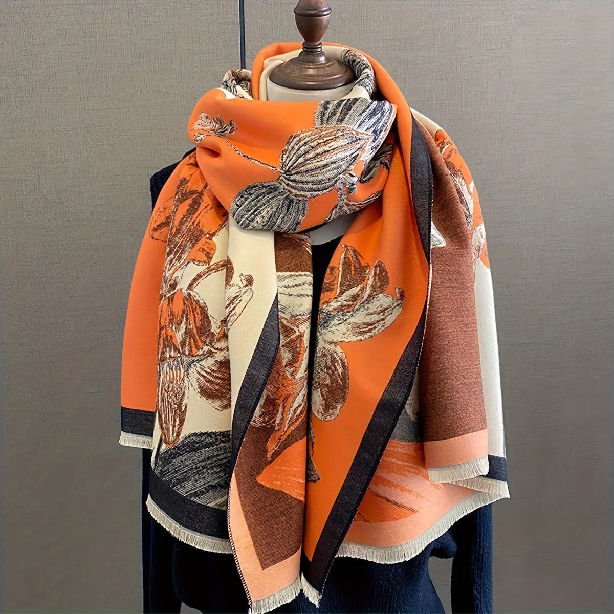 Luxurious Magnolia Print Color-Blocked Scarf Wrap - Soft, Thick, Windproof, Warm, Versatile, Classic Fringe Shawl for Women - Perfect for Outdoor Activities, Daily Wear, and Gift-Giving