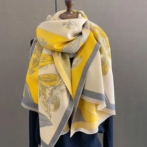 Luxurious Magnolia Print Color-Blocked Scarf Wrap - Soft, Thick, Windproof, Warm, Versatile, Classic Fringe Shawl for Women - Perfect for Outdoor Activities, Daily Wear, and Gift-Giving