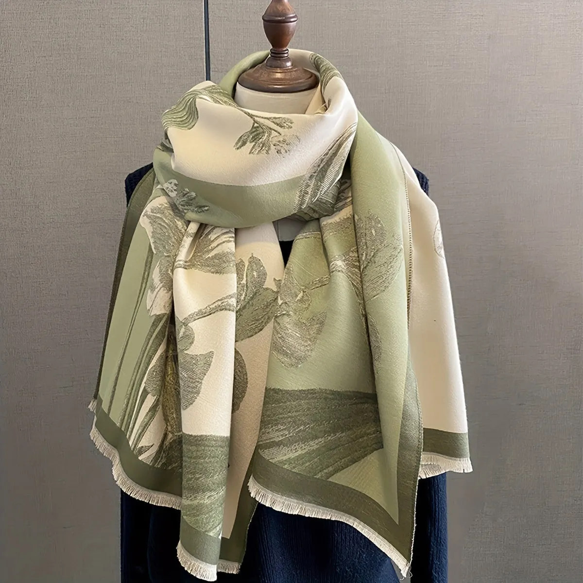 Luxurious Magnolia Print Color-Blocked Scarf Wrap - Soft, Thick, Windproof, Warm, Versatile, Classic Fringe Shawl for Women - Perfect for Outdoor Activities, Daily Wear, and Gift-Giving