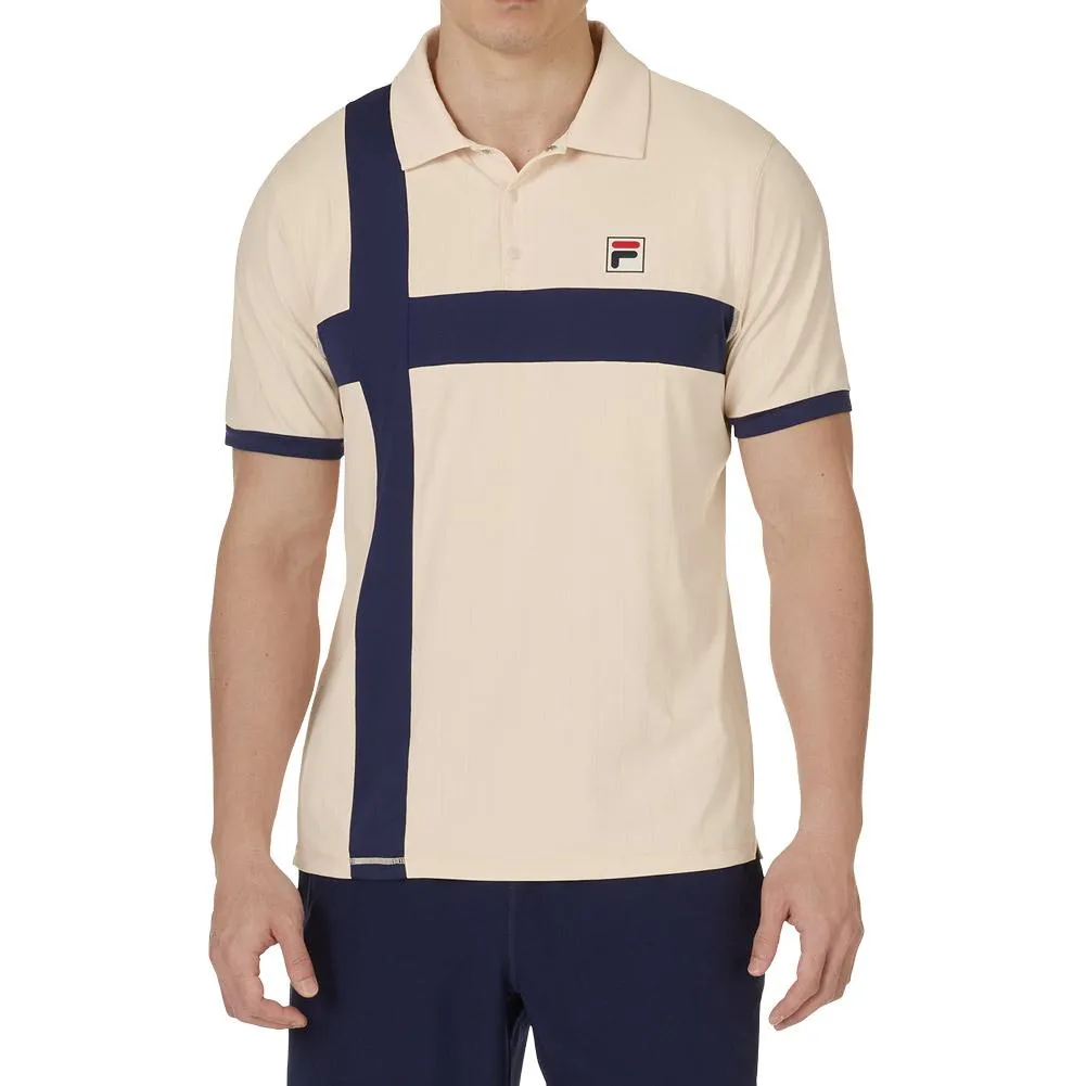 Men`s Heritage Pin Stripe Tennis Polo Ecru and Fila Navy