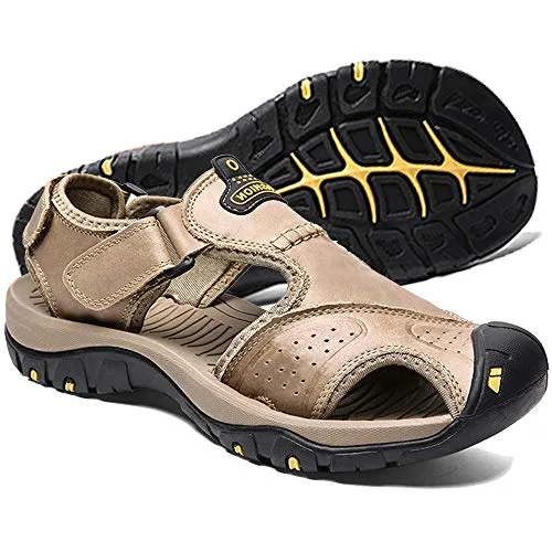 Men's Leather Sandals Outdoor Hiking Sandals Waterproof Athletic Sports Sandals Fisherman's Beach Shoes Closed Toe Water Sandals