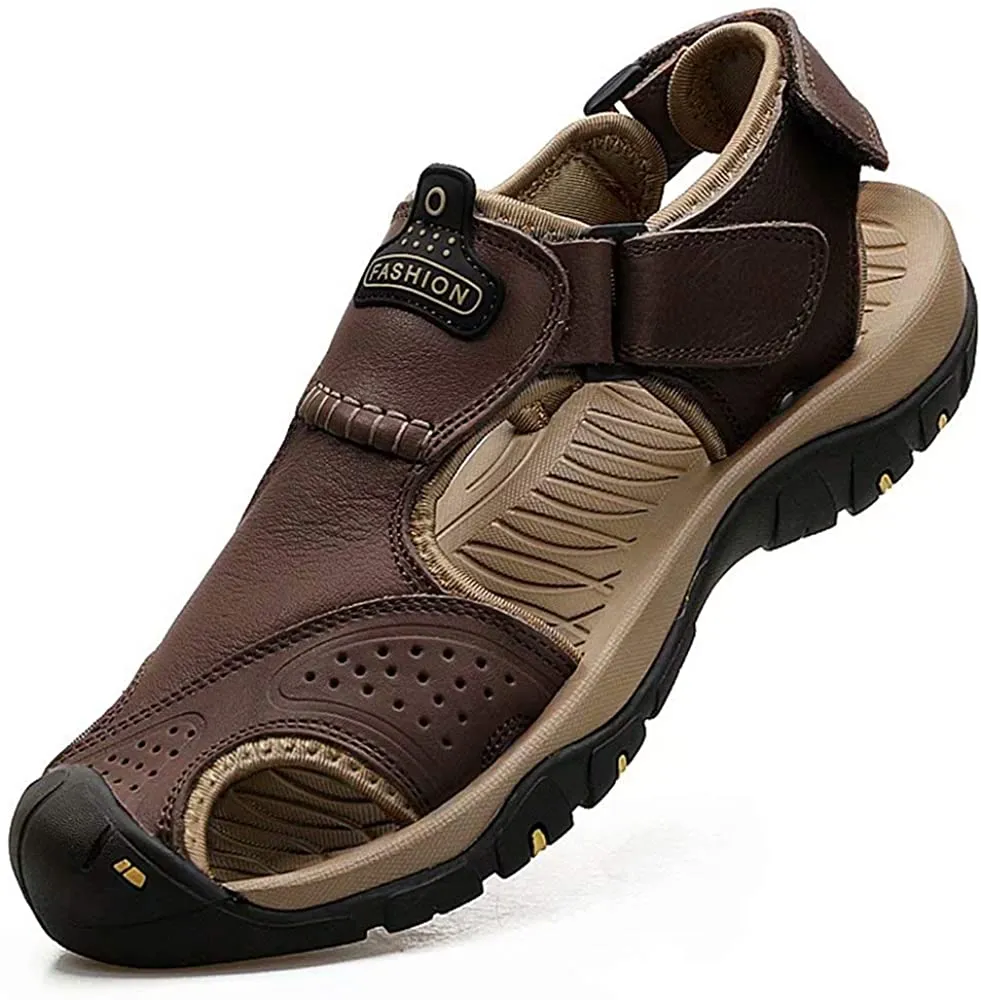 Men's Leather Sandals Outdoor Hiking Sandals Waterproof Athletic Sports Sandals Fisherman's Beach Shoes Closed Toe Water Sandals