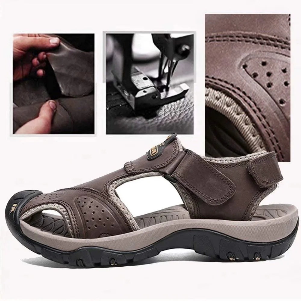 Men's Leather Sandals Outdoor Hiking Sandals Waterproof Athletic Sports Sandals Fisherman's Beach Shoes Closed Toe Water Sandals