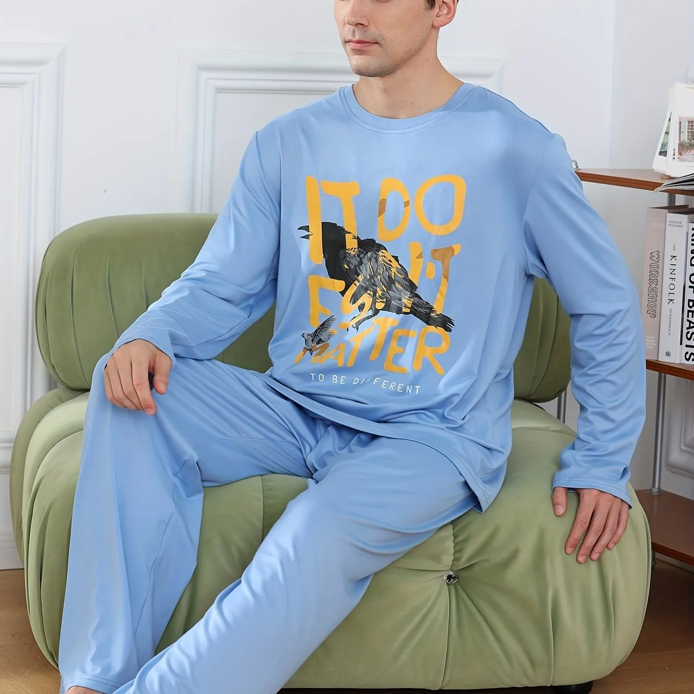 Men's Simple Style Casual Letter And Cartoon Print Pajamas Sets, Long Sleeve Crew Neck Top & Loose Pants Home Pajamas Sets, Outdoor Sets For Autumn Winter