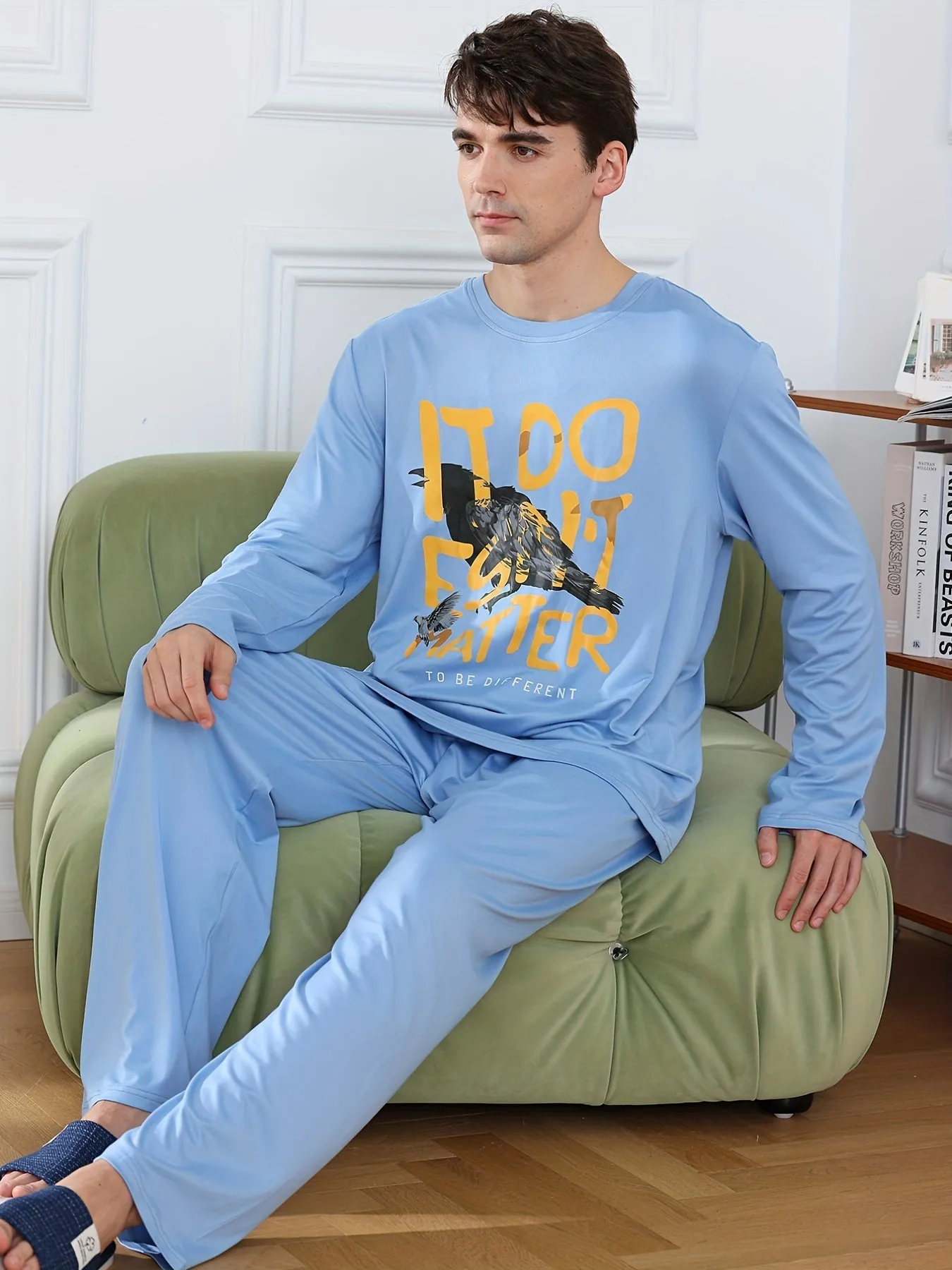 Men's Simple Style Casual Letter And Cartoon Print Pajamas Sets, Long Sleeve Crew Neck Top & Loose Pants Home Pajamas Sets, Outdoor Sets For Autumn Winter