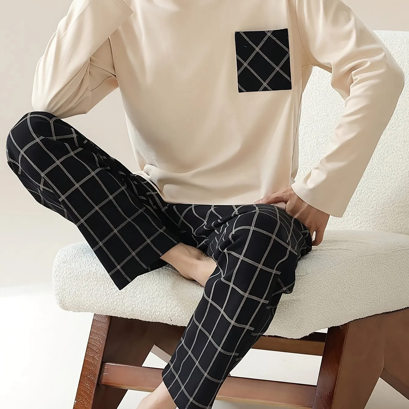 Men's Simple Style Cotton Casual Pajamas Sets, Solid Long Sleeve Crew Neck Top & Loose Pants Lounge Wear, Outdoor Sets For Spring Autumn