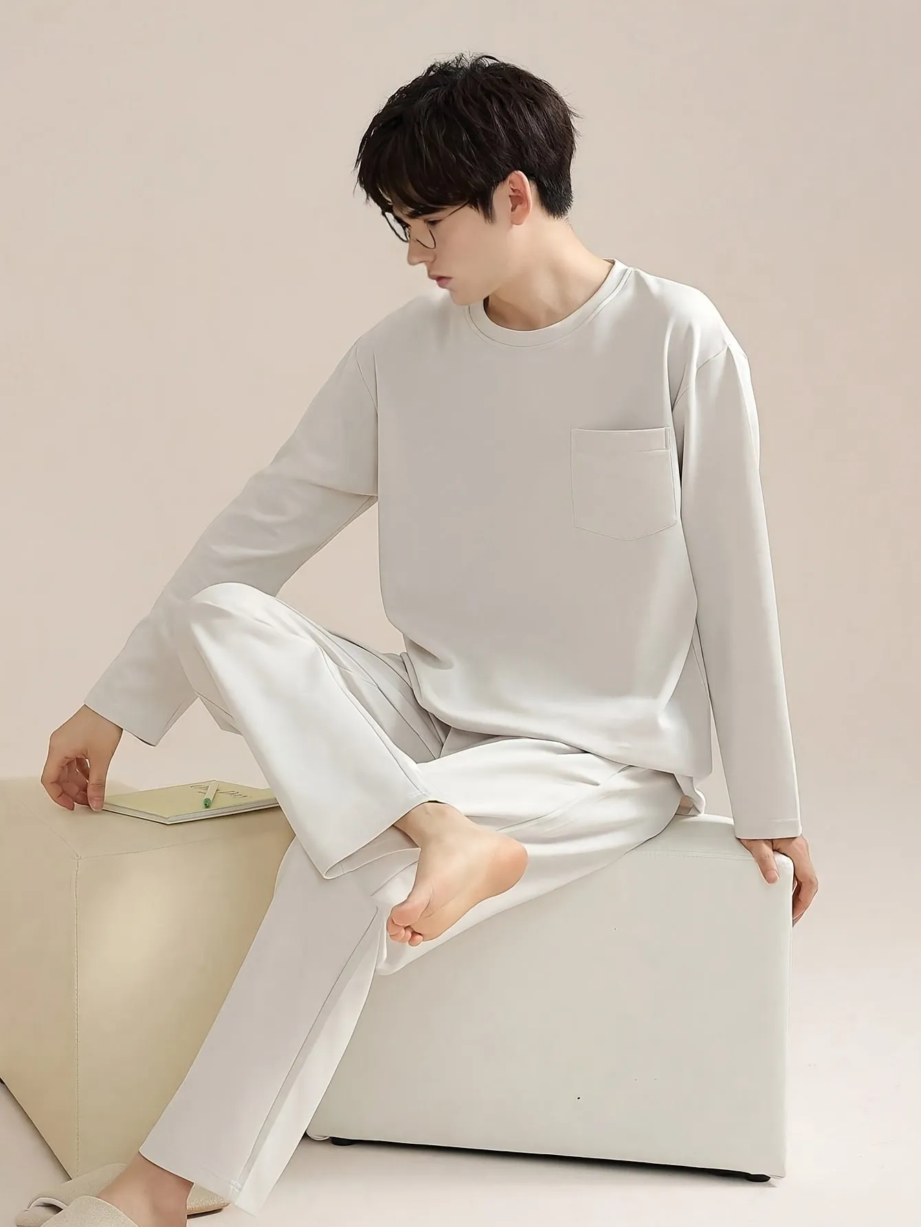 Men's Simple Style Cotton Casual Pajamas Sets, Solid Long Sleeve Crew Neck Top & Loose Pants Lounge Wear, Outdoor Sets For Spring Autumn