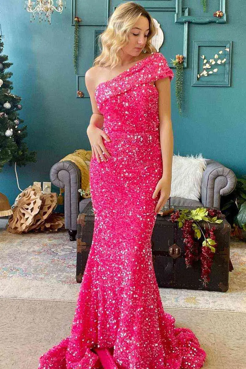 Mermaid One Shoulder Hot Pink Prom Dress Long,Red Dinner Party Dresses