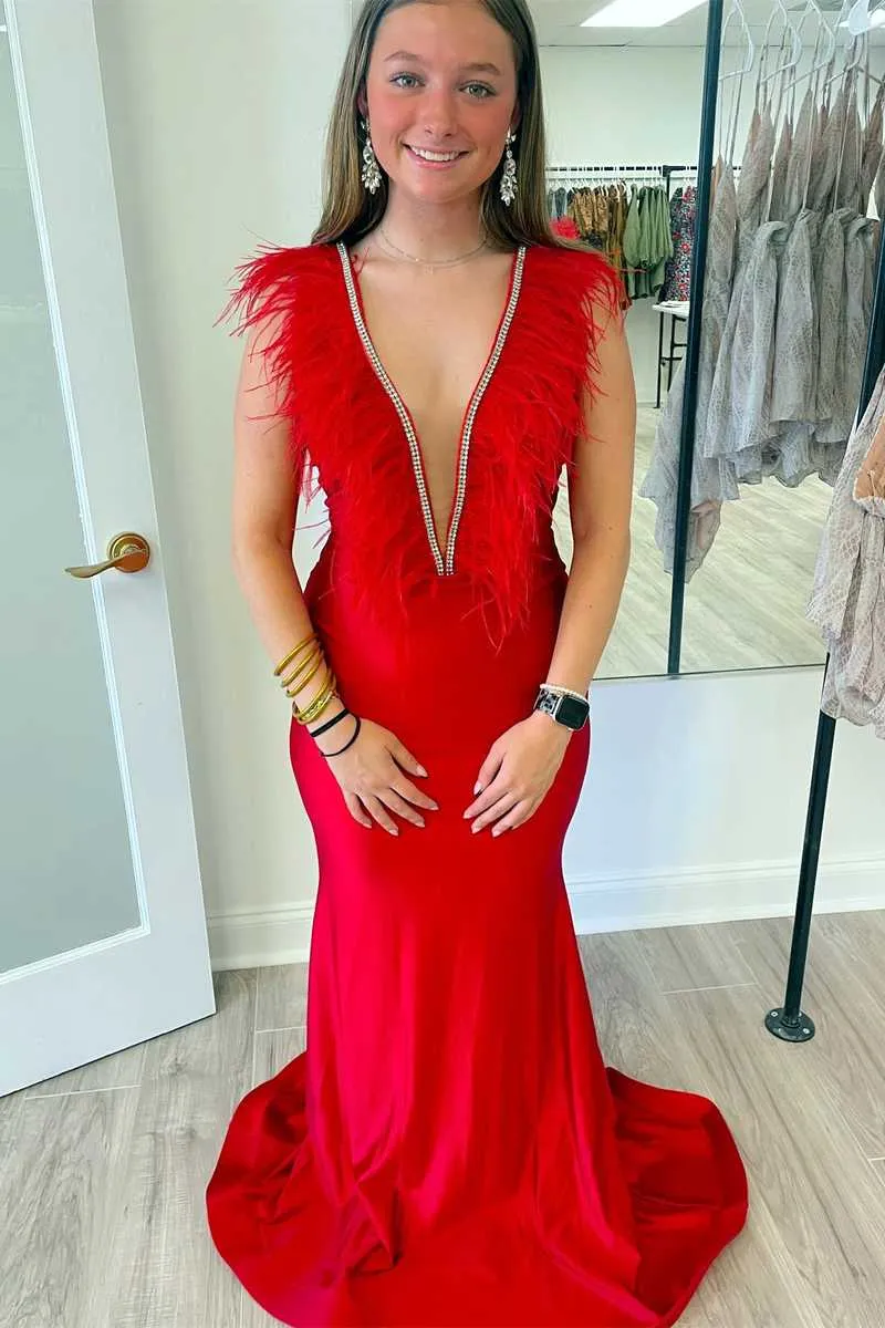 Mermaid Plunging V-Neck Red Feathers Long Prom Dress,Classy Evening Gowns