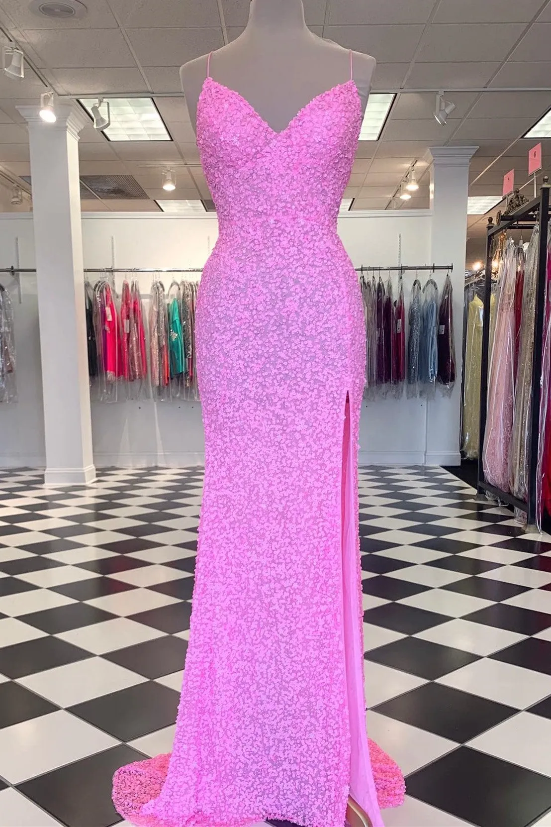 Mermaid Purple Sequin Long Prom Dress with Slit,Trumpet Formal Dresses