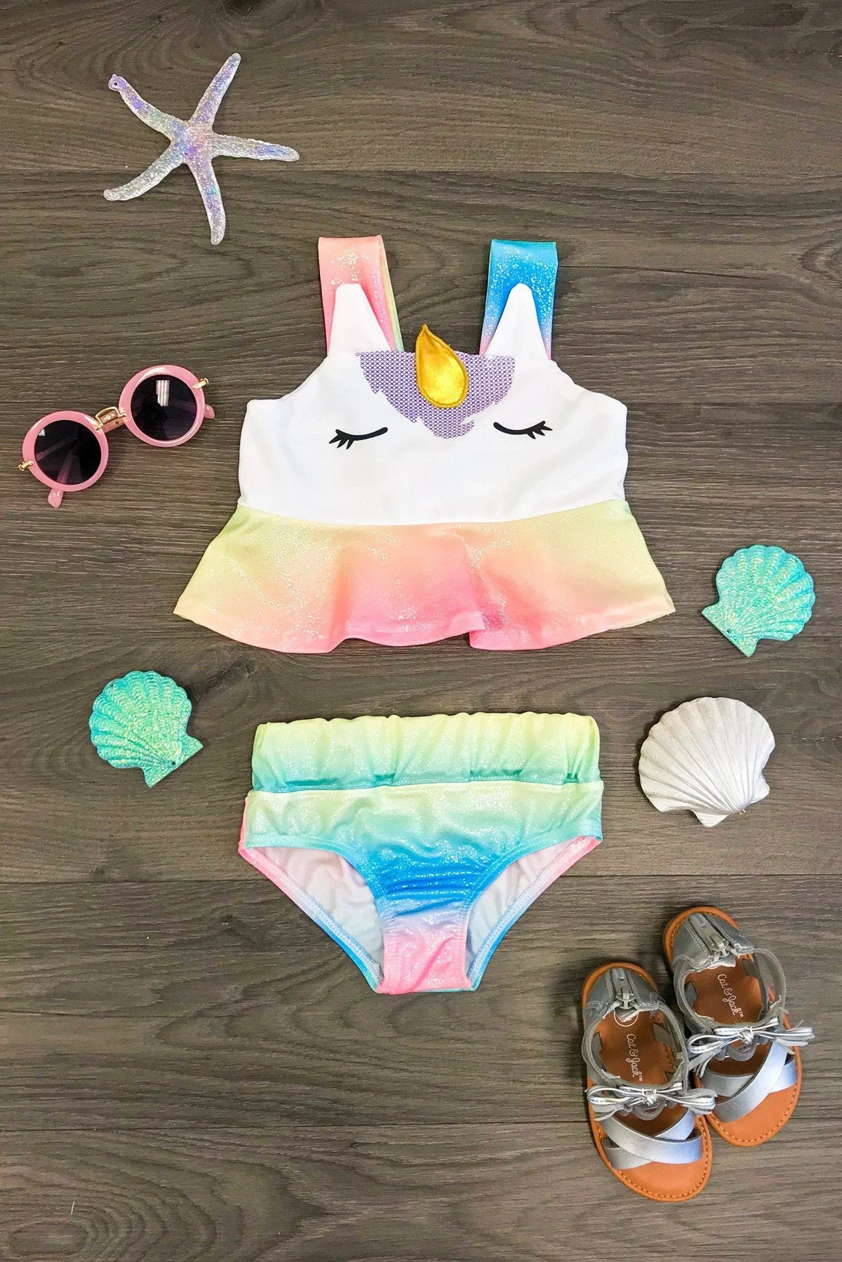 Metallic Rainbow Unicorn 2 Piece Swimsuit Set