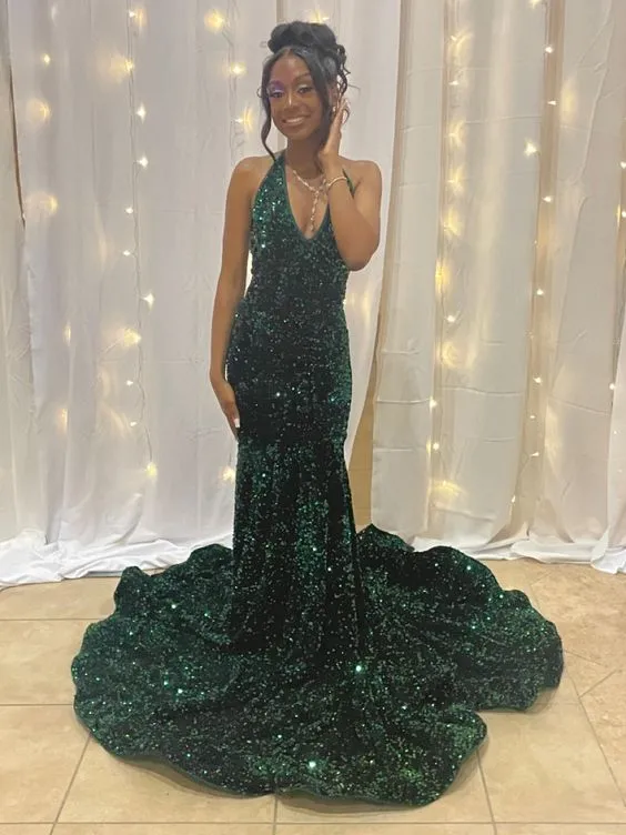 Modern Green Mermaid V-Neck Prom Dresses Sequin Evening Gowns