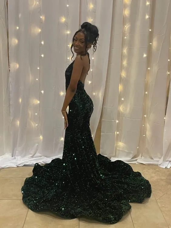 Modern Green Mermaid V-Neck Prom Dresses Sequin Evening Gowns