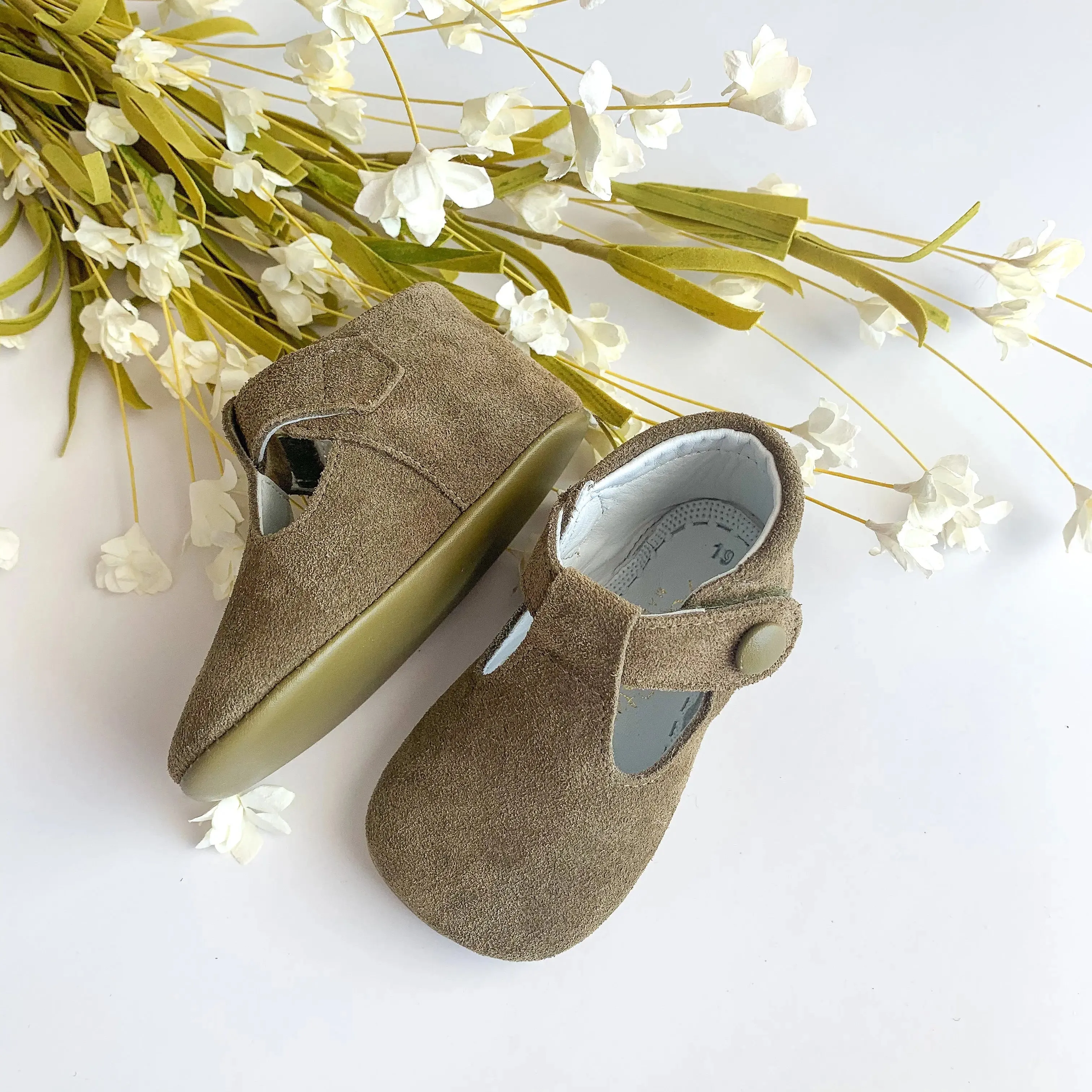 Nikolas- Olive Green Suede T-Bar Baby Shoes