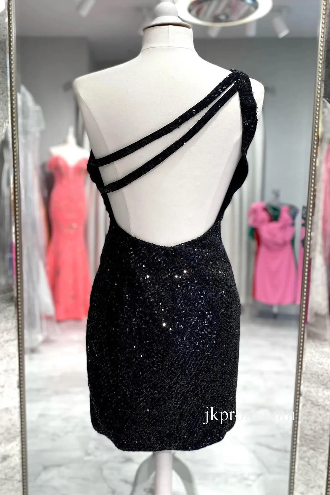 One Shoulder Black Sequin Bodycon Cocktail Dress,Semi Formal Dresses Short