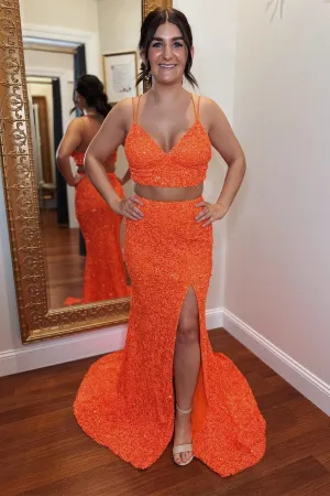 Orange Two Piece Double Straps Sequin Long Prom Dresses with Slit Sequin Formal Dress