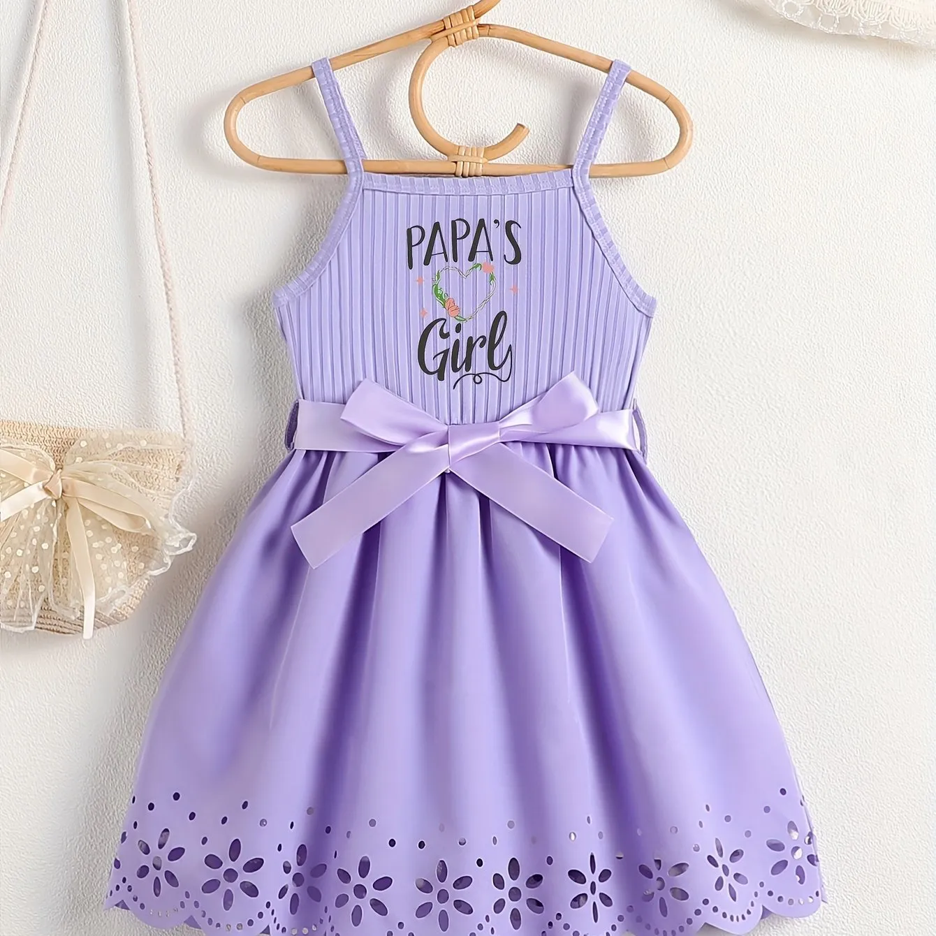 PAPA'S GIRL Print, Girl's Fashion Casual Summer Sleeveless Dress With Bow Belt And Hollow Out Design For Outdoor Wear