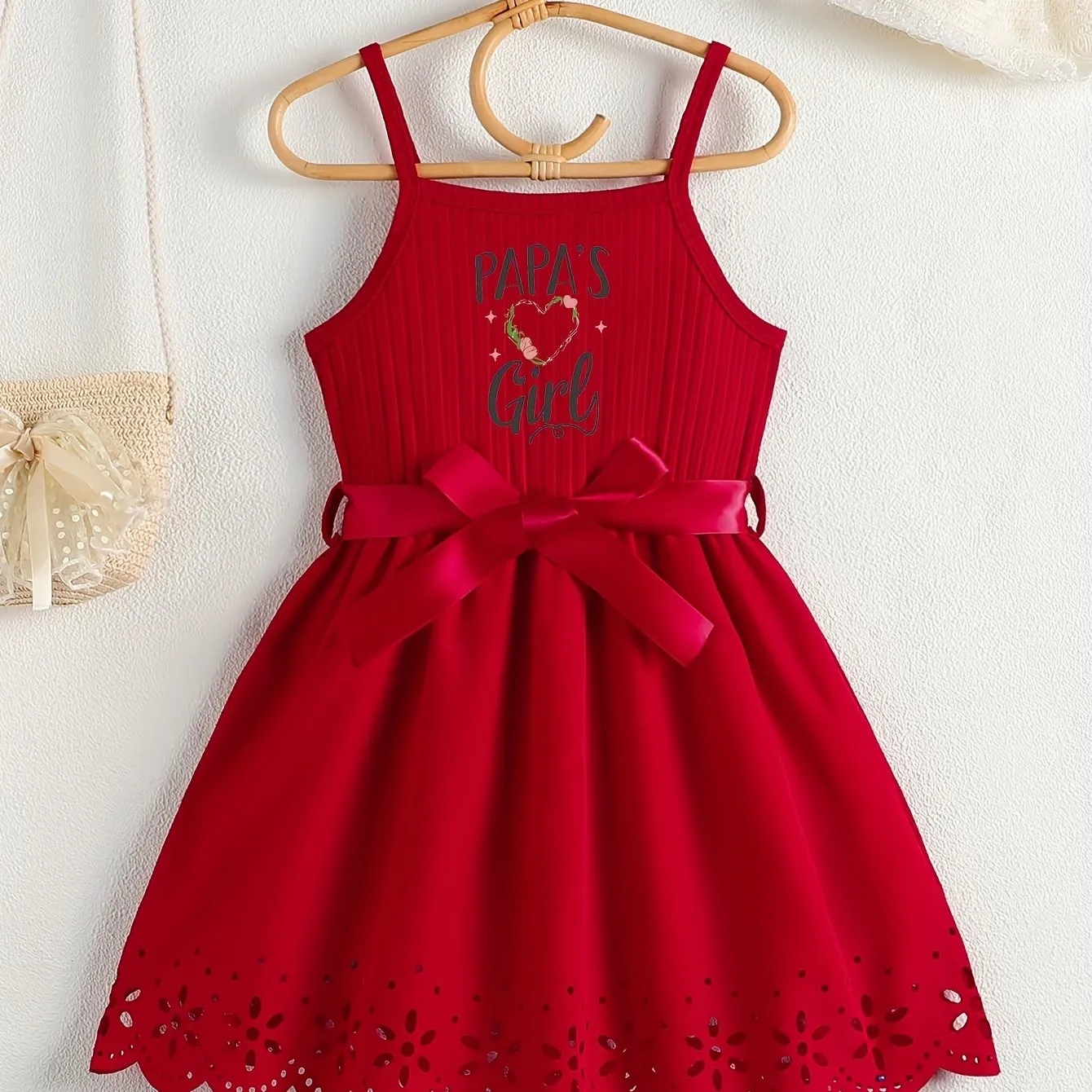 PAPA'S GIRL Print, Girl's Fashion Casual Summer Sleeveless Dress With Bow Belt And Hollow Out Design For Outdoor Wear