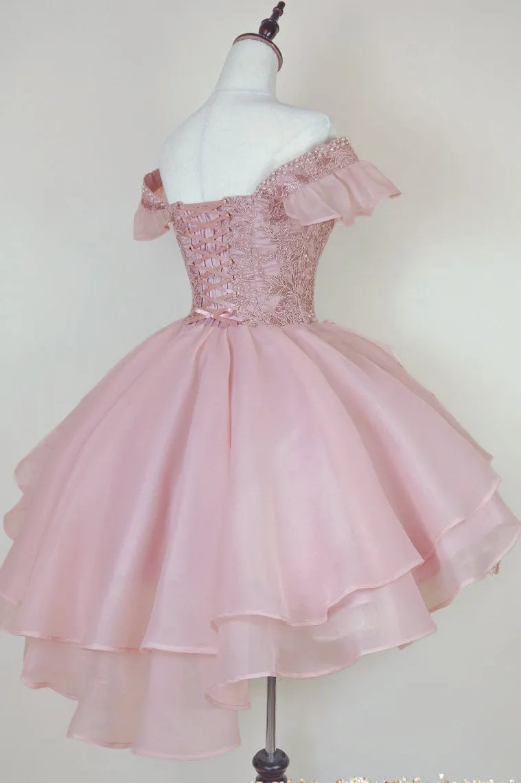 Pink Lace Homecoming Gown with Beading,Princess Off the Shoulder Hoco Dress