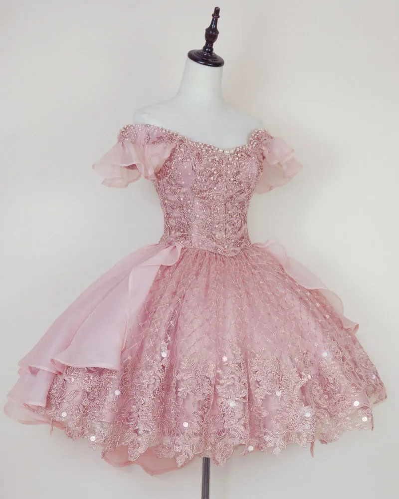 Pink Lace Homecoming Gown with Beading,Princess Off the Shoulder Hoco Dress