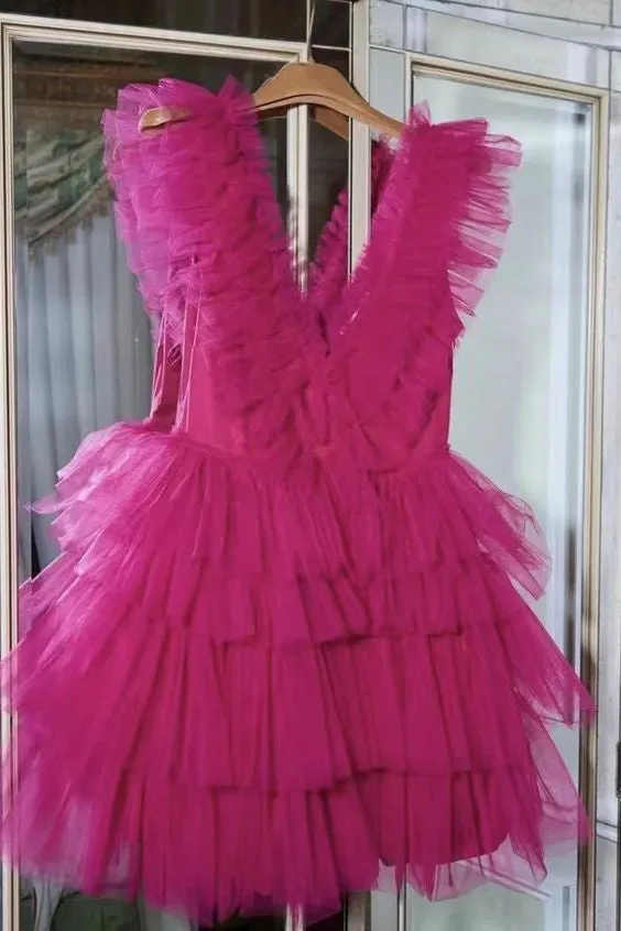 Pink Ruffled Layers Plunging V Neck Homecoming Dress Short Grad Dresses