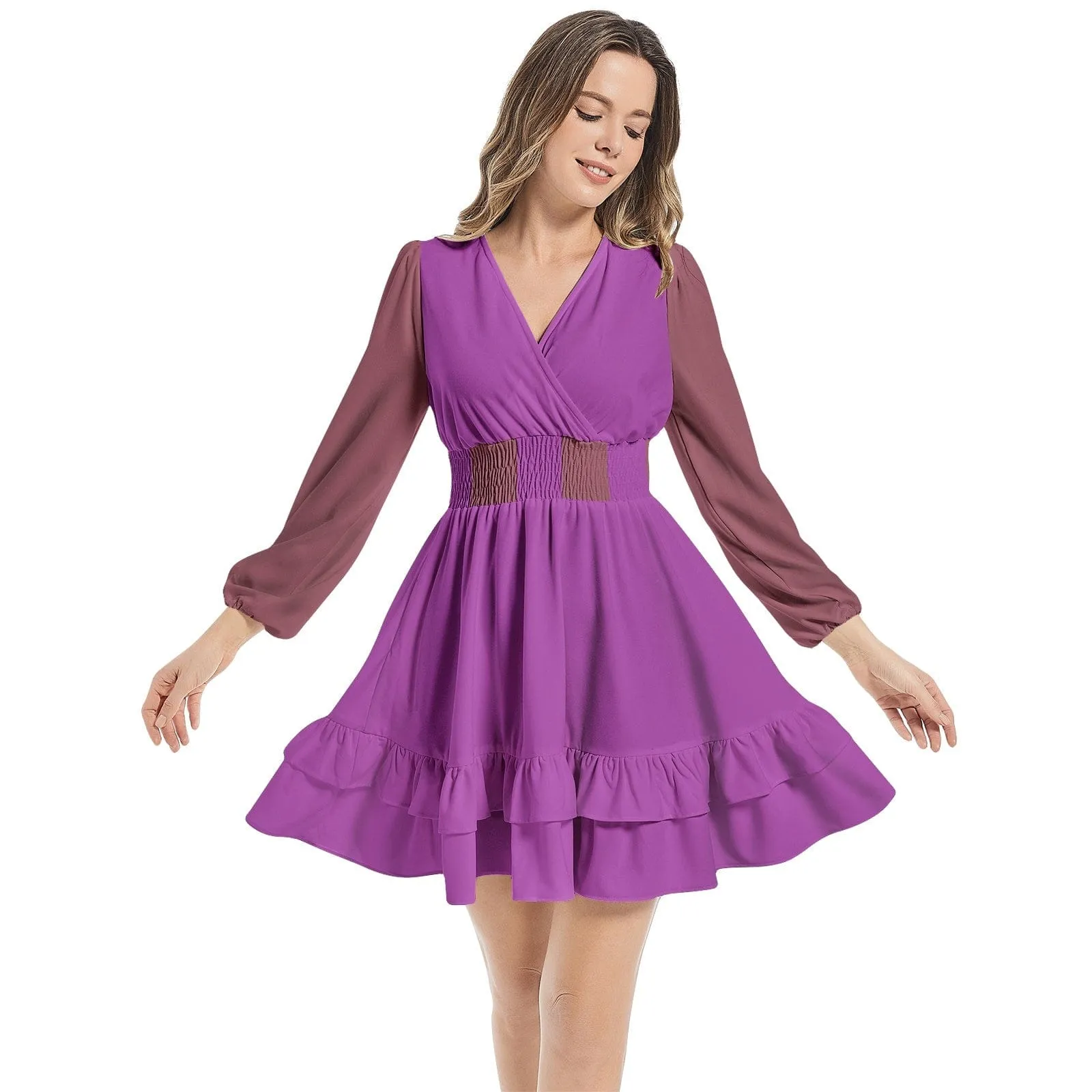 Plum Berry Long Sleeve Tiered Ruffle Hem Mini Dress