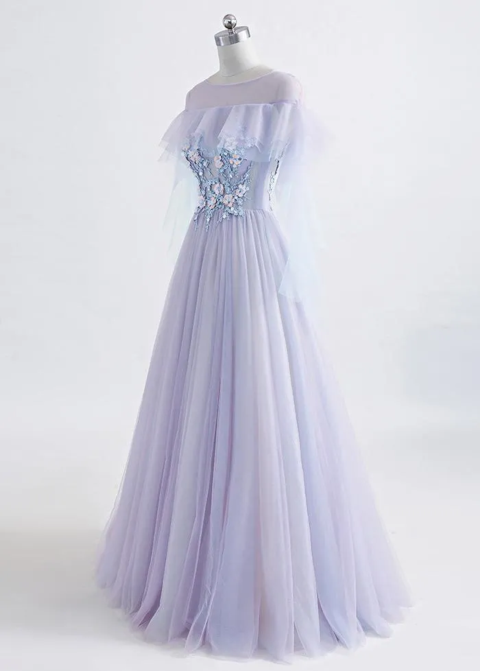 Princess Tulle Jewel Floor-length Prom Dress With Lace Appliques