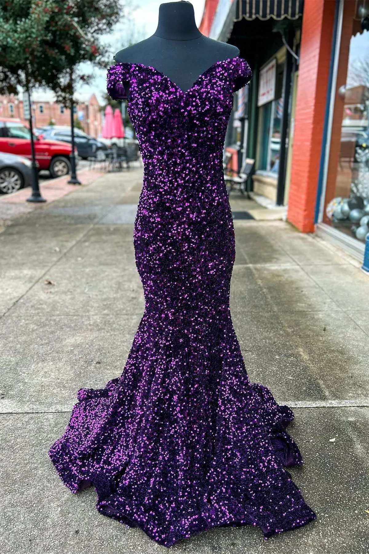 Purple Sequin Off-the-Shoulder Lace-Up Mermaid Prom Dresses Evening Gowns