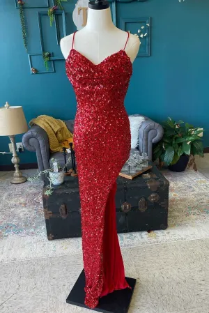 Red Sequin Cowl Neck Mermaid Prom Dress,Green Evening Gown