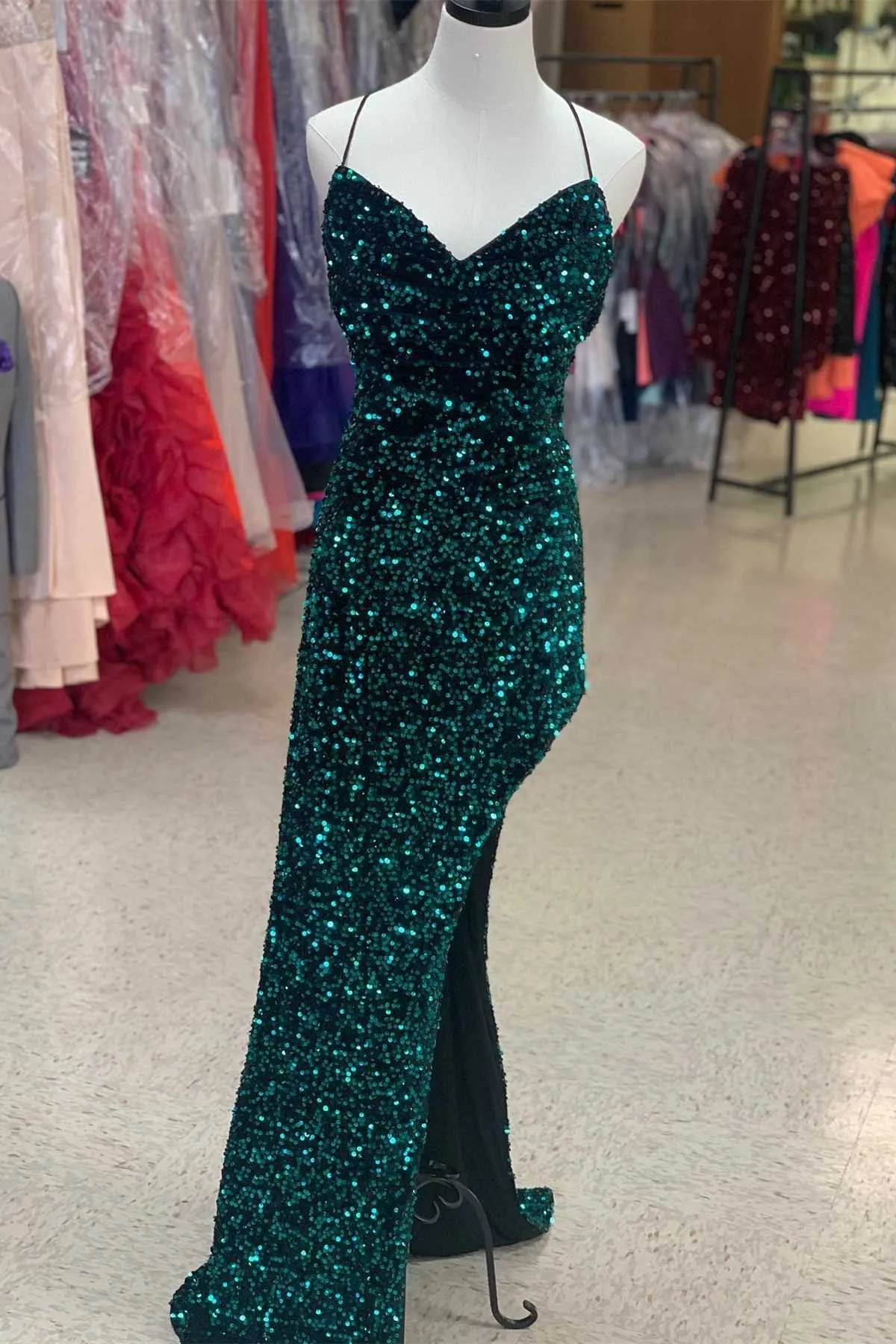 Red Sequin Cowl Neck Mermaid Prom Dress,Green Evening Gown