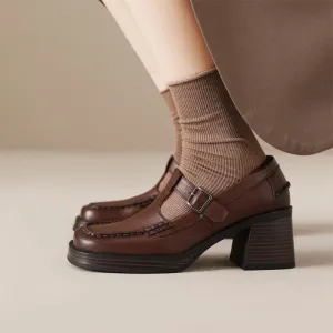 Round Toe T Strap Mary Jane Shoes 70mm Block Heel in Black/Brown