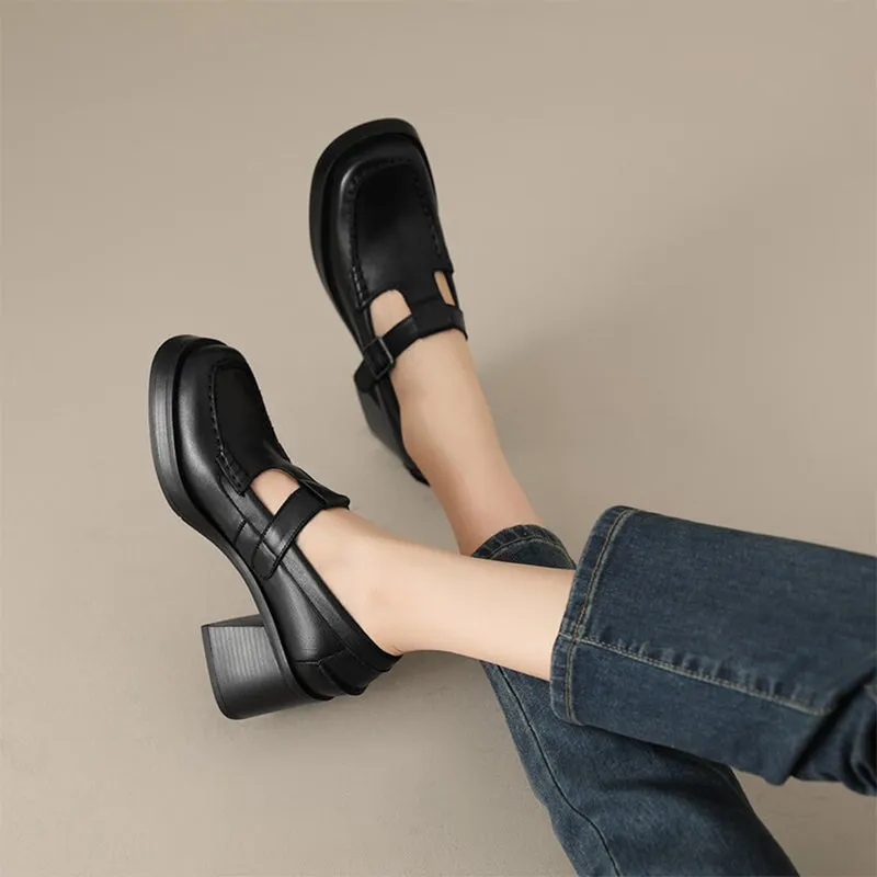 Round Toe T Strap Mary Jane Shoes 70mm Block Heel in Black/Brown