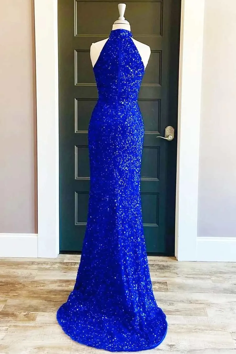 Royal Blue Sequin Halter Long Formal Dress with Slit Prom Dresses