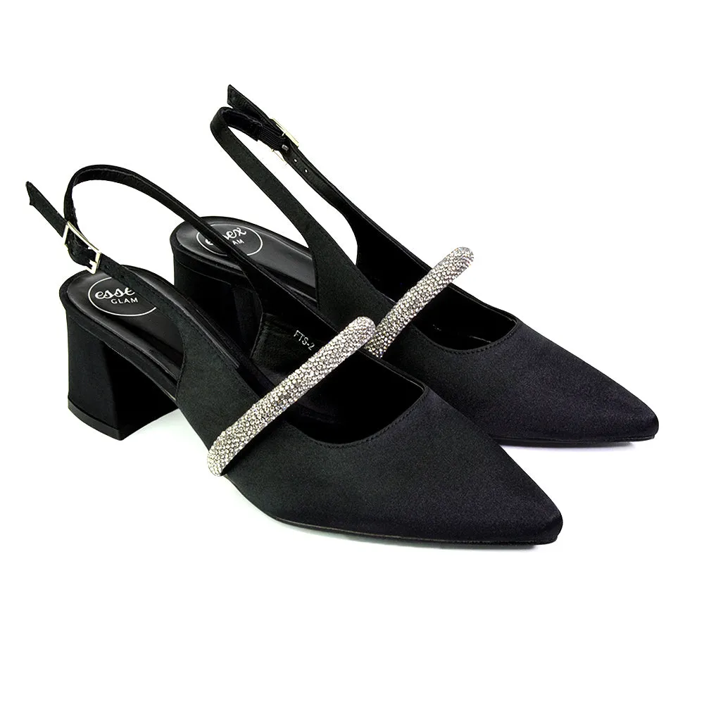 Sandie Sling Back Strappy Pointed Toe Diamante Mid Block Heels in Black