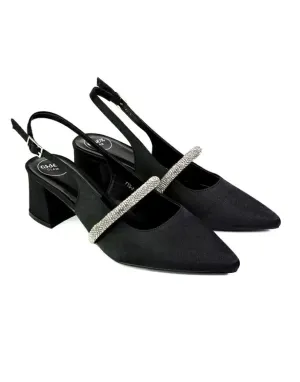 Sandie Sling Back Strappy Pointed Toe Diamante Mid Block Heels in Black