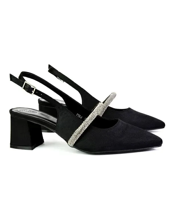 Sandie Sling Back Strappy Pointed Toe Diamante Mid Block Heels in Black