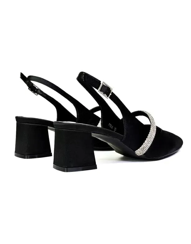 Sandie Sling Back Strappy Pointed Toe Diamante Mid Block Heels in Black