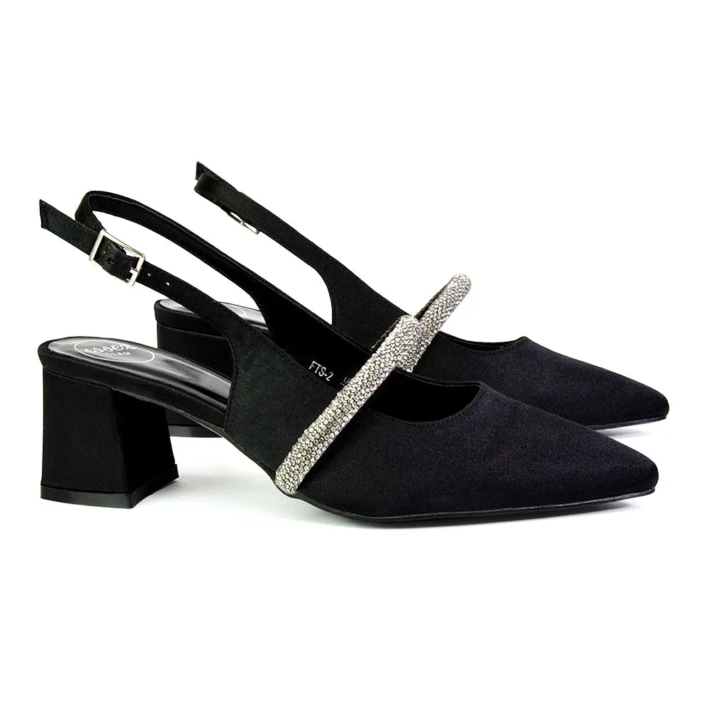 Sandie Sling Back Strappy Pointed Toe Diamante Mid Block Heels in Black