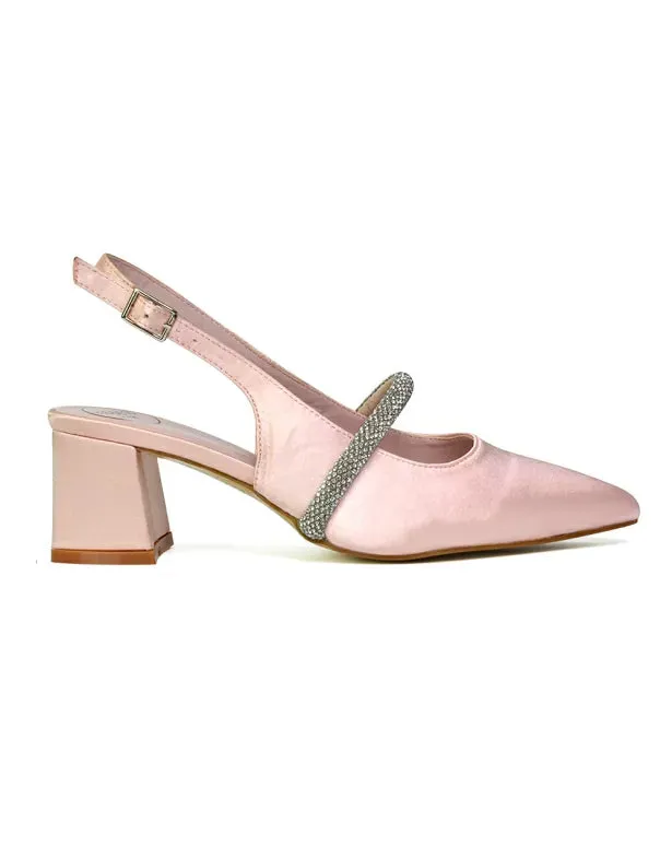 Sandie Sling Back Strappy Pointed Toe Diamante Mid Block Heels in Pink