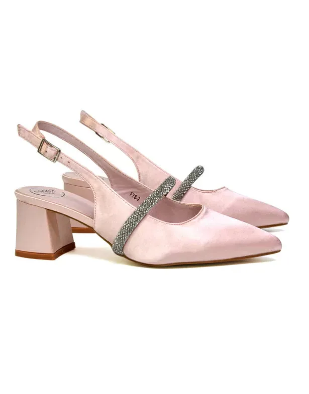 Sandie Sling Back Strappy Pointed Toe Diamante Mid Block Heels in Pink