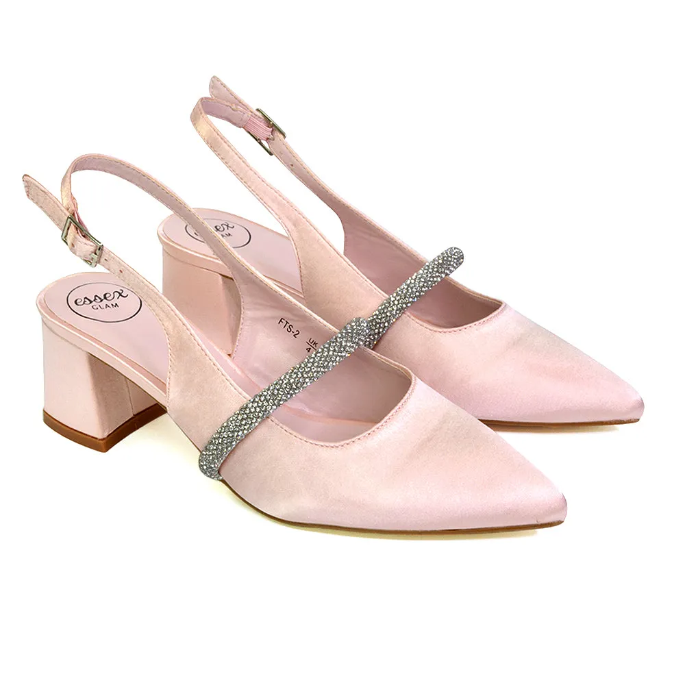 Sandie Sling Back Strappy Pointed Toe Diamante Mid Block Heels in Pink