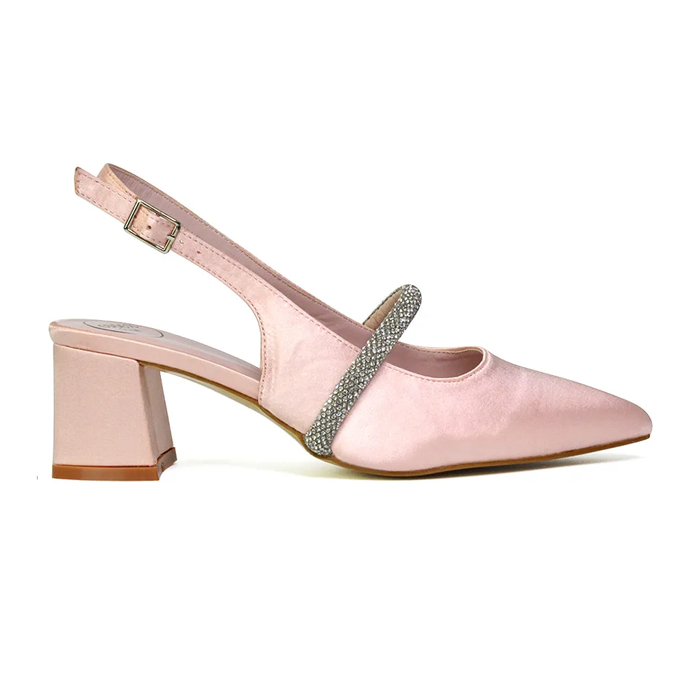 Sandie Sling Back Strappy Pointed Toe Diamante Mid Block Heels in Pink